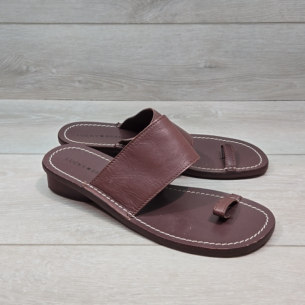 Lucky Brand Women Leather Loop Toe Heels Sandals shoes Y2K Square Toe sz 10